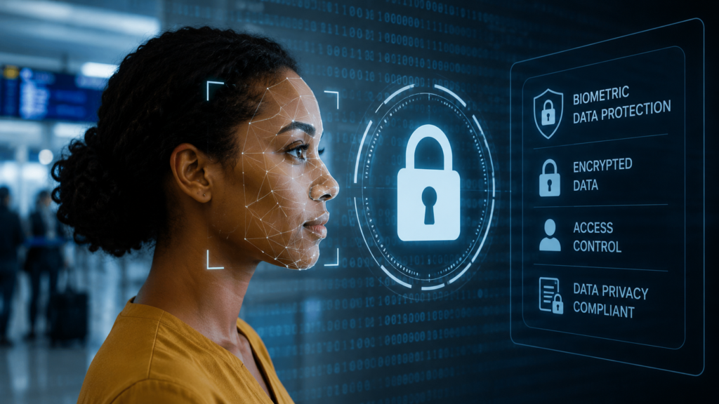 Biometric facial recognition and encrypted data protection concept for airport passengers