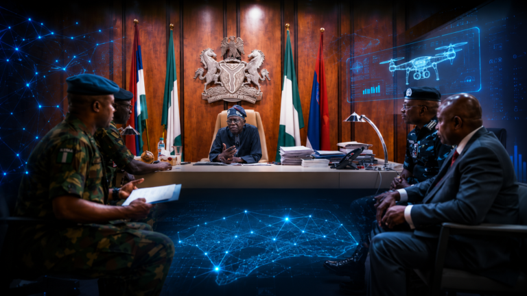 **Alt Text (SEO Optimized):** **President Bola Ahmed Tinubu meets with senior Nigerian military and security officials as AI technology, surveillance drones and defence modernization illustrate Nigeria's new intelligence-led security strategy against terrorism and banditry.**