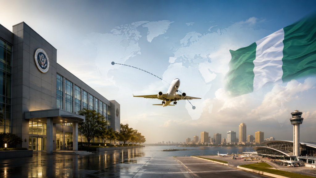 U.S. Department of Homeland Security, passenger aircraft and Nigeria symbolizing the deportation of 124 Nigerian nationals under U.S. immigration enforcement.