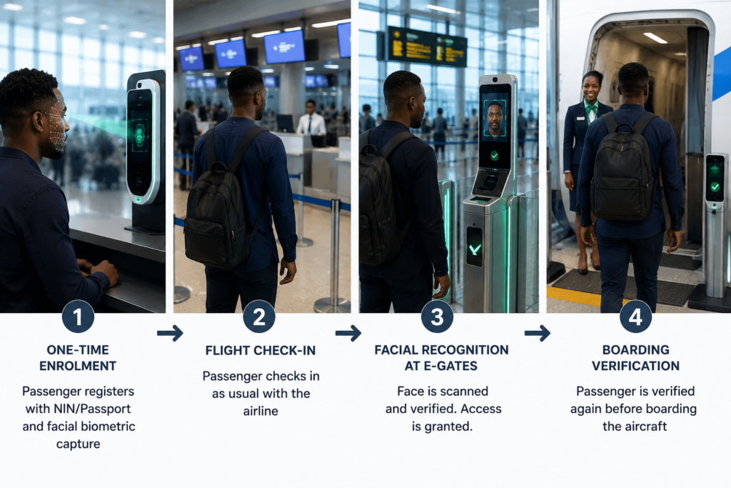 Illustration showing how FAAN V-Pass verifies passengers from enrolment to boarding using facial recognition