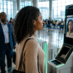 Passenger using FAAN V-Pass biometric facial recognition e-gate at a Nigerian international airport