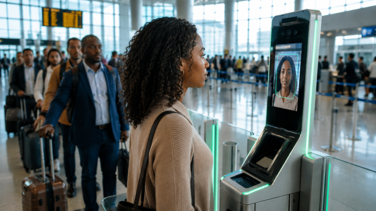 Passenger using FAAN V-Pass biometric facial recognition e-gate at a Nigerian international airport