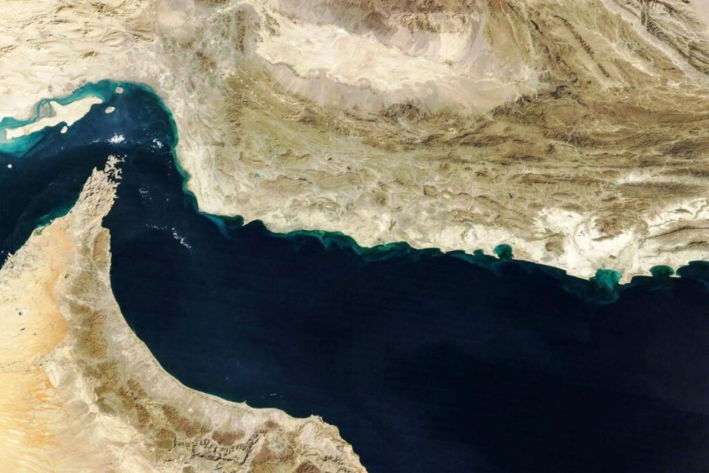Satellite view of the Strait of Hormuz and surrounding Persian Gulf region