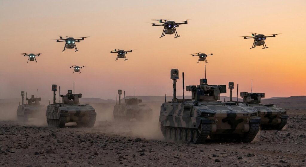 AI-powered military drone in an autonomous warfare environment