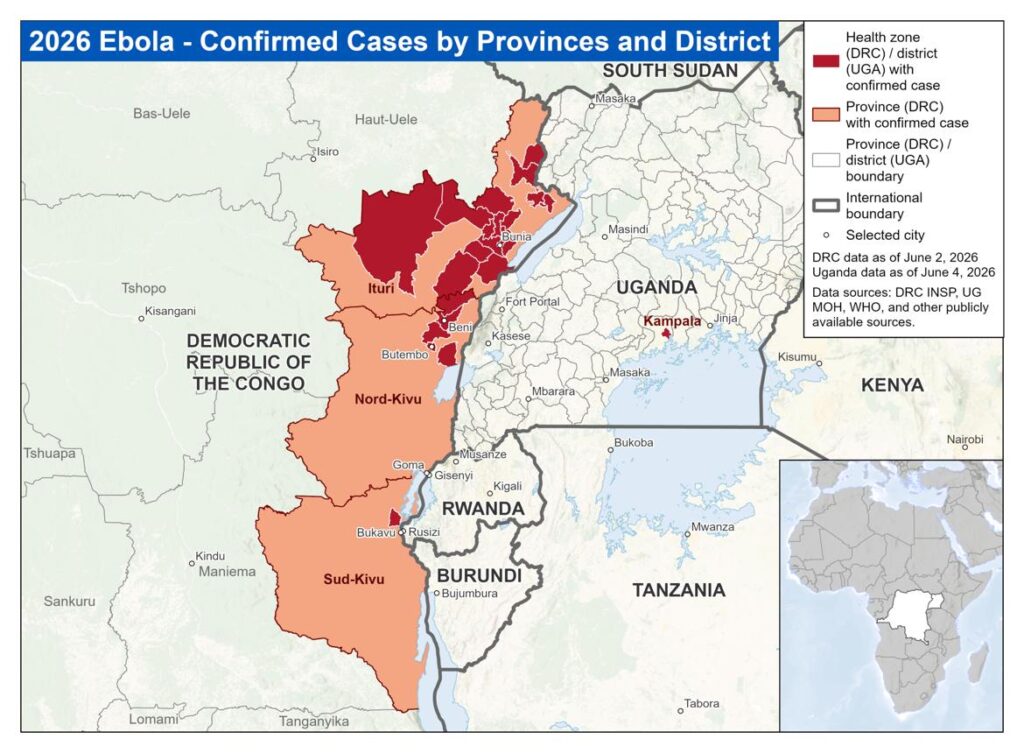 Map showing the geographic spread of the Ebola outbreak in the Democratic Republic of Congo