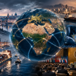 Global news illustration showing a connected world shaped by conflict, energy, trade, technology and international diplomacy