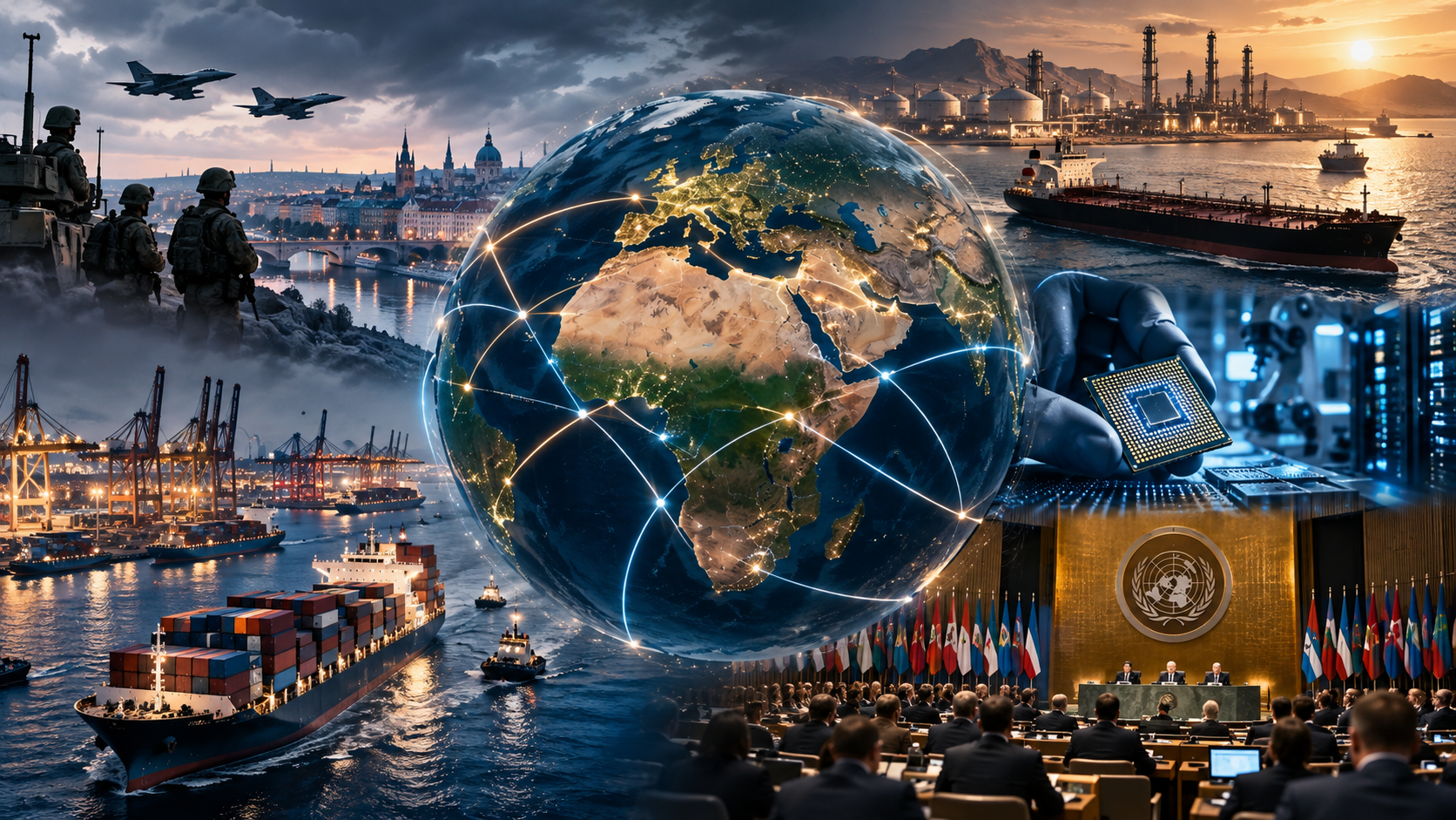 Global News: War, Trade, Technology and Security Shift 1 Global news illustration showing a connected world shaped by conflict, energy, trade, technology and international diplomacy