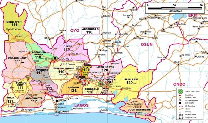 NIPOST postcode map showing postal districts in southwestern Nigeria